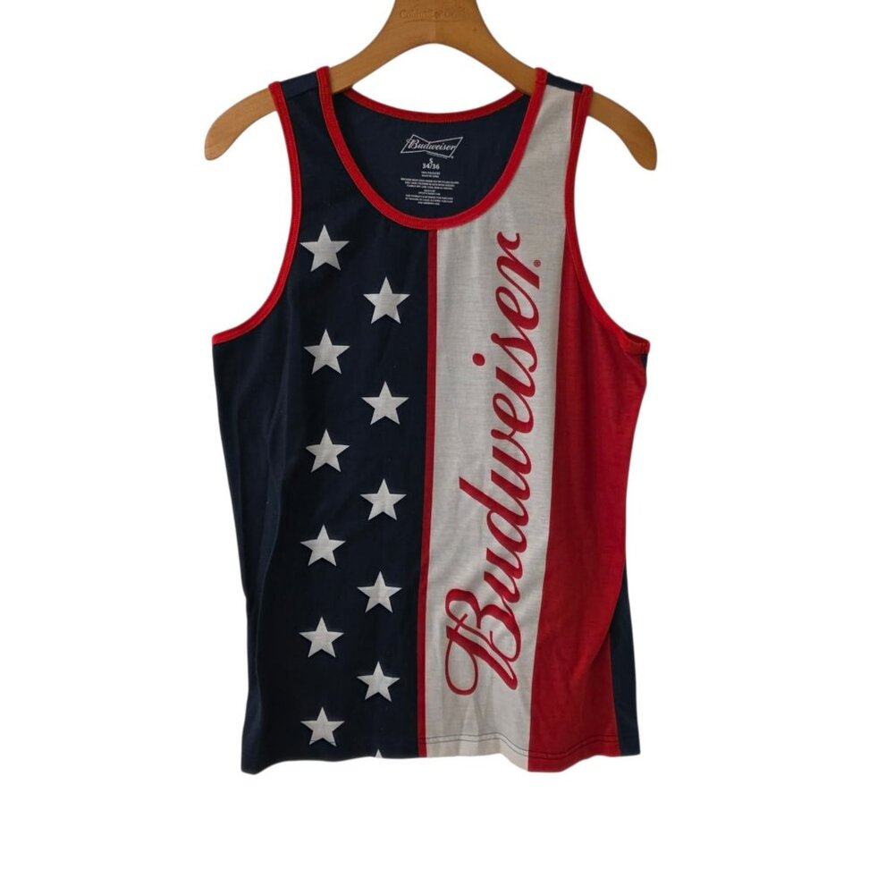 Budweiser Patriotic Tank Top American Flag‎ All Over Print Mens Small 34/36